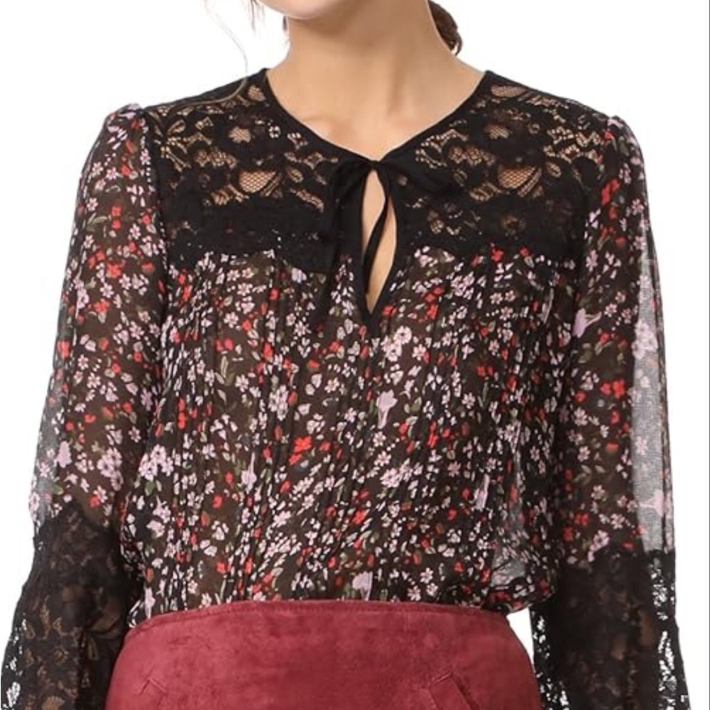 Rebecca Taylor pin tuck chiffon lace accent sheer blouse floral print - Picture 4 of 8